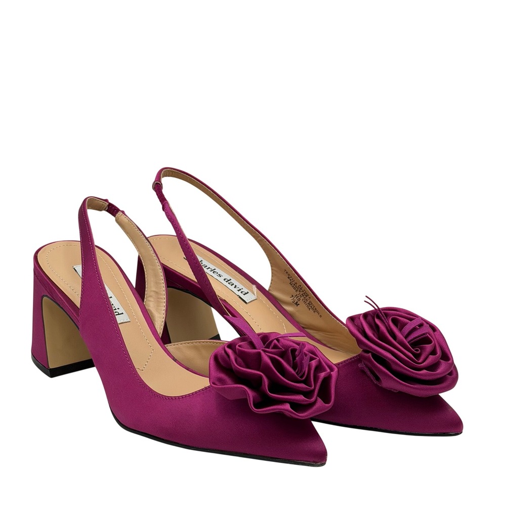 Charles David Althea Magenta Satin Rosette Slingback Block Heel Pumps Women 7.5M